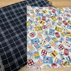 【ハギレ2枚セット】ボタンと糸デザインコットン生地　チェック柄生地