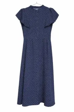 GU ドットワンピース ロング フレア 半袖 M ネイビー 細見え