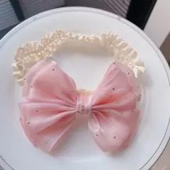 ヘアバンド　ピンク　リボン　ビーズ　ベビー　赤ちゃん　出産祝い　お食い初め　撮影