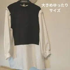 エンボスブラック×ホワイトレイヤードチュニックM