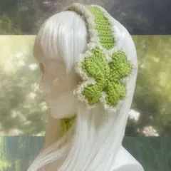 ハンドメイド 編み物 イヤーマフ 耳あて 四葉のクローバー 森ガール