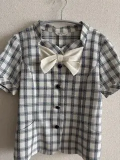 SELERY 半袖 チェック柄 リボン付き ブラウス 9号 事務服のサムネイル