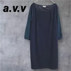 【a.v.v】バラ柄 七分袖 ミニワンピース 軽量 裏地付き Mサイズ ネイビーのサムネイル