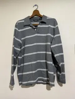 Eddie Bauer 90s系 グレーと白のストライプ長袖ポロシャツ