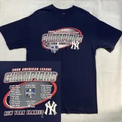 希少 2000年 ヤンキース MLB 優勝記念Tシャツ 背面ロースター入 紺 L