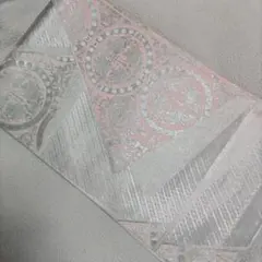 604-10袋帯　二重太鼓　作り帯に変更可能　ピンク　シルバー　プラチナ箔　獅子