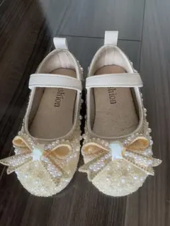 パール装飾リボン付きフラットシューズ 26