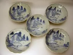 古伊万里 染付線描き東屋山水文輪花小皿（なます皿）５枚セット その３