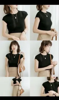 セゾンドパピヨン　フレンチスリーブリブ切替サマーニットトップス