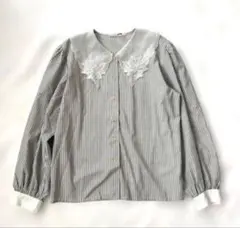 ストライプ柄ブラウス レース襟 ビッグカラー 長袖シャツ