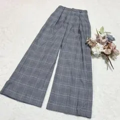【ジーユー】GU チェック柄ワイドパンツ ウエストゴム グレー S ○