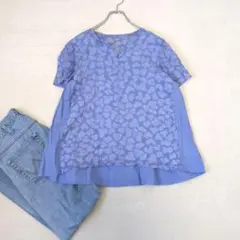 【EVEX by KRIZIA】コットンリネン半袖ブラウスプルオーバー『40』青のサムネイル