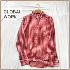 GLOBAL WORK ギンガムチェックシャツ M 赤 綿100% 古着 メンズ