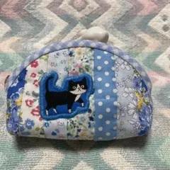 ♪ハンドメイド♪パッチワーク♪ミニポーチ・水色♪ハチワレ猫ちゃん・ブルー♪