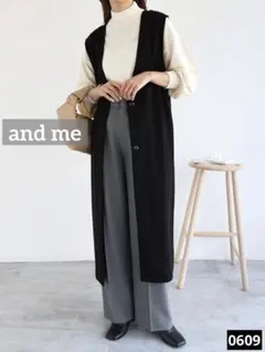 0609 and me とろみ素材Vネックロングジレ　ブラック