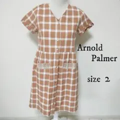 【Arnold Palmer】チェック柄ワンピース 半袖 麻 茶 サイズ2のサムネイル