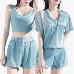 新品　メッシュパーカー付き　セパレート水着 XL ブルー　ラッシュガード　大きい