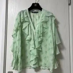ザラ ZARA フリル 花柄 ブラウス シャツ シアー ミントグリーン Lのサムネイル