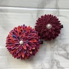ハンドメイドつまみ細工　髪飾り　ヘアクリップ　えんじ　2点セット　卒業式　成人式