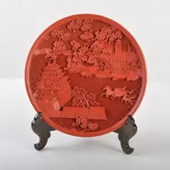 中国 剔紅 堆朱 山水楼閣文盤 飾皿 U R6720 - メルカリ