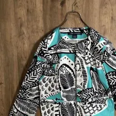 ヴィンテージ　ノーカラージャケット　個性的　フルジップ　総柄　薄手　古着　L28