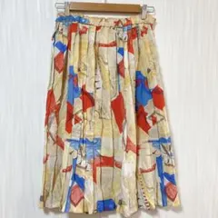ヴィンテージ風 総柄ギャザーフレアスカート 抽象画 アート柄 膝下丈 黄色 赤青