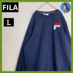 FILAフィラスウェット刺繍ビックロゴネイビートリコロールカラープルオーバーL
