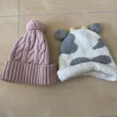 ベビー帽子2点セット（ピンク・牛デザイン）