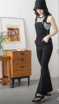 WEGO★ハイウエストストレッチフレアデニムサロペットSブラック