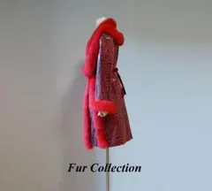 女性らしい表情☆優雅なフォックスファー付き赤コートレッド本物毛皮コート新品処分
