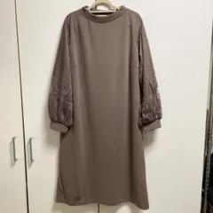 モカブラウン袖レースワンピース　チュニック