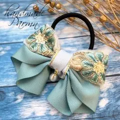 大人可愛い♡インド刺繍リボン‎のドレープリボンヘアゴム♥️ラベンダーリーフ 大人可愛い♡インド刺繍リボン‎のドレープリボンヘアゴム