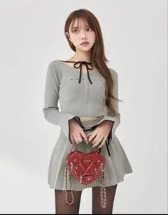 Darich ウエストオープンリボンデザインニットミニワンピース グレー