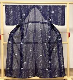 A 夏物 枝に花模様 藍色 絽 紗 薄物 化繊 小紋 着物 K104 - メルカリ