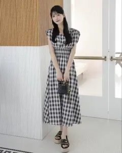 セルフォード ギンガムチェック ロング ワンピース 2wayスリーブ