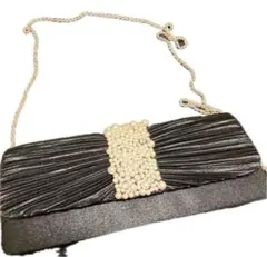 パーティーバッグ クラッチバッグ 黒 パール ビジュー チェーン付き