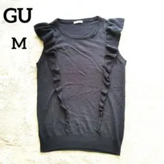 【ジーユー】フリル ニット ノースリーブ (M) ネイビー 薄手素材 シンプル