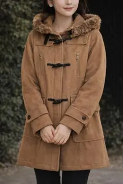 《ナノユニバース》ダッフルコート ブラウン ファーフード（ラビット）キルティング