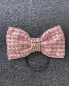 NEWピンクツイードボリュームリボンゴム