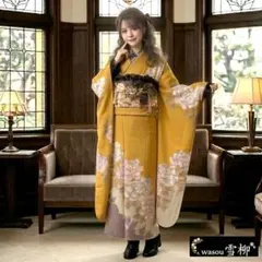 アンティークモダン♡マスタード×白牡丹♡振袖フルセット　成人式前撮り