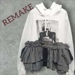 L　プリントパーカー×ボリュームフリル　ダメージ加工　ゆったり　古着リメイク