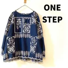 ONE STEP 刺繍入り長袖ブラウス ネイビー フラワー ノーカラー