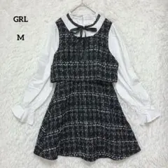 GRL グレイル 異素材リボンフリルツイードミニワンピース M 長袖 リボン
