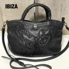 美品 イビサ ショルダーバッグ 2way 本革 アート柄 シボ革 レザー 黒