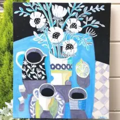 キャンバス油絵　よっこ様専用　クールな配色のテーブル　大きいキャンバス縦45.5