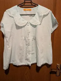 水色 刺繍襟 半袖ブラウス