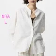 【新品】ユニクロ　リネンブレンドバンドカラーシャツ　7分袖　L　オフホワイト