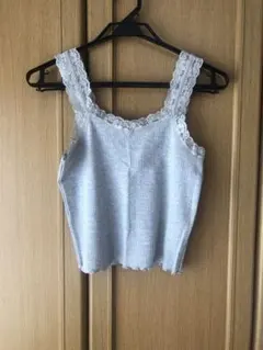 レトロガール　キャミソール　グレー　リブ　レース　ショート　ミニ　フレア