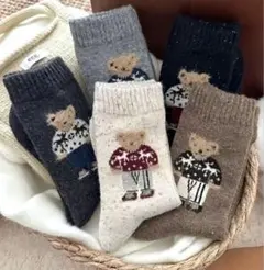 秋冬用　フリース　あったかミドル丈　くまちゃん柄　5足セット