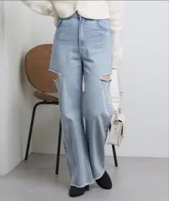 【サイズ展開あり】サイドスリットダメージデニムパンツ